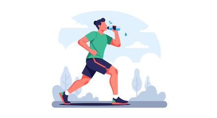 Young man running on a treadmill and drinking water for hydration. Flat Vector Illustrations. EPS Editable