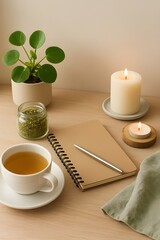 Calm minimalist home wellness setup with tea, candle, notebook and plant for relaxation and mindfulness