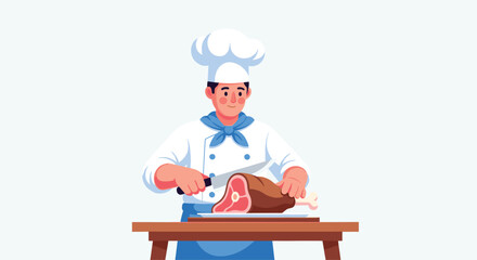 Chef preparing delicious roasted meat, culinary arts illustration for restaurant advertising or gourmet food blog designs