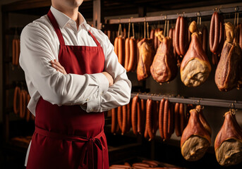 Confident butcher in red apron standing with folded arms in smokehouse for recruitment ads, trade promotions, food industry advertising, marketing materials, website banners, or local shop branding