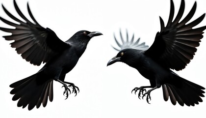 Obraz premium Two black birds fly with spread wings. They appear in motion against bright background. Crows or ravens soar through air, their dark feathers contrast with white sky. Pair of wild birds together.