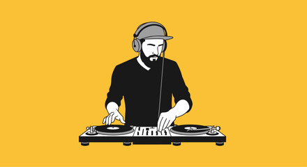 Groovy DJ spinning vibrant tunes with retro turntable, perfect for music events and entertainment promotions