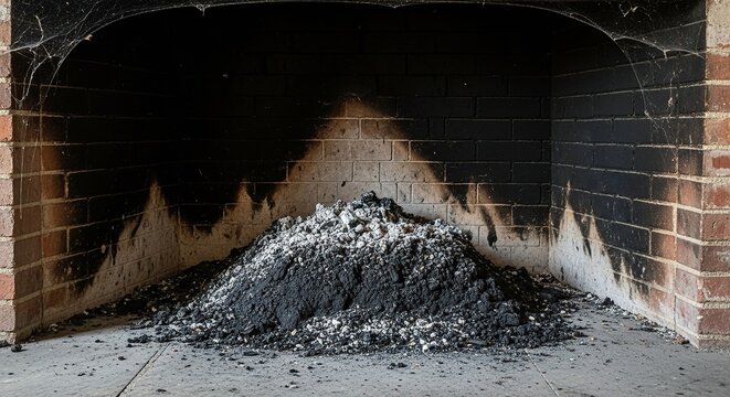 Pile of ash and embers inside a dark brick fireplace after a fire has died down