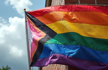 Progress LGBTQ rainbow flag waving in wind. Colorful banner on silver pole against cloudy blue sky and red brick wall. Freedom love concept.