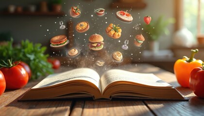 Open cookbook with floating food icons. Ingredients hover above pages. Learn to cook tasty meals prepare fresh dishes plan menus. Explore culinary arts discover gastronomy.