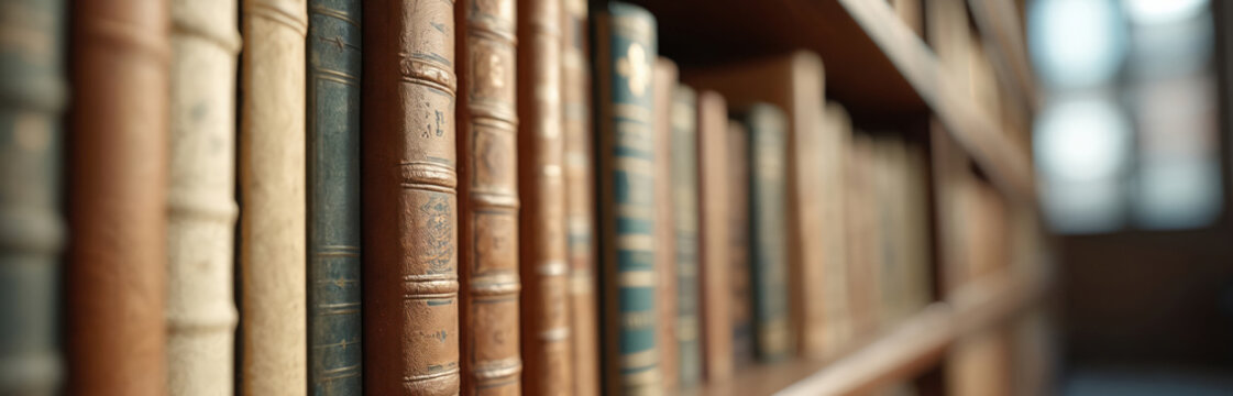 Rows of old books on a wooden bookshelf. Collection of vintage books in the library. Ancient literature and study concept. Education, history and knowledge.