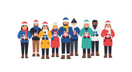 Diverse group celebrating winter holidays with gifts and warm clothing against a clean white backdrop for festive marketing