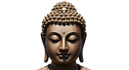 Serene buddha head sculpture against a stark transparent background