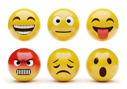 A collection of six emoji icons displaying various emotions on a white isolated background image design