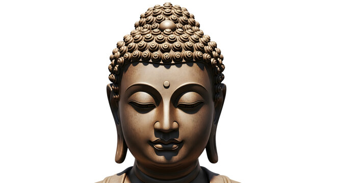 Serene buddha head sculpture against a stark transparent background