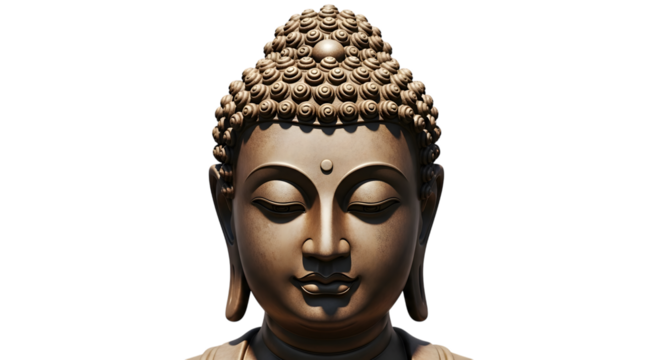 Serene buddha head sculpture against a stark transparent background