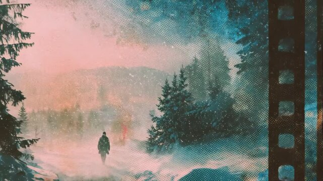 Man walking through snowy forest path during a cold winter day. Video sequence of winter landscape with falling snow.