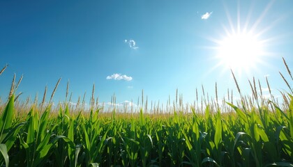 Tall green corn stalks grow in a wide field under a bright sunny blue sky. Maize plants reach towards the sun creating a vibrant rural landscape with light breeze.