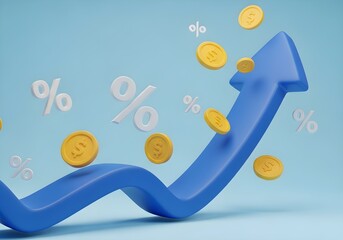 A blue upward arrow with yellow coins and white percentage signs on a light blue background showing growth