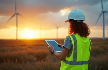 Engineer works on wind power station with tablet. Woman in hard hat looks at wind turbines at sunset. Female controls alternative energy production in windpark with digital tech.