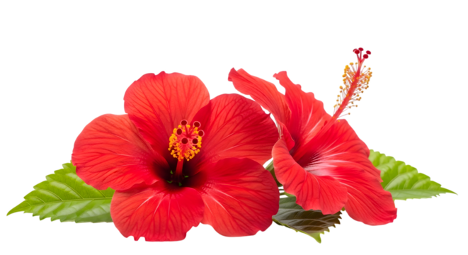 Vibrant red hibiscus flowers with green leaves on transparent background PNG