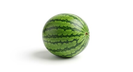 A single whole round watermelon with a green striped rind, isolated on a seamless white background with a soft shadow.