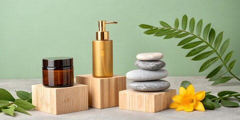 Natural skincare products displayed with spa stones and green leaves