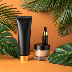 Luxury beauty products and tropical leaves on an orange background