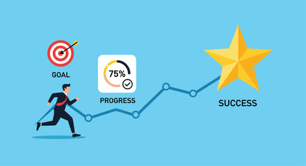 Running to success achieving goals charting progress to a golden star showing business growth and investment strategy success