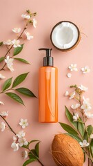 Orange pump bottle of cosmetic product with coconut and flowers on pink background