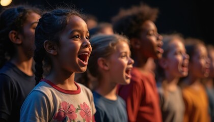 Children choir sings joyfully on stage. Young diverse singers perform music together in bright spotlight. Kids express emotion, share talent with others.
