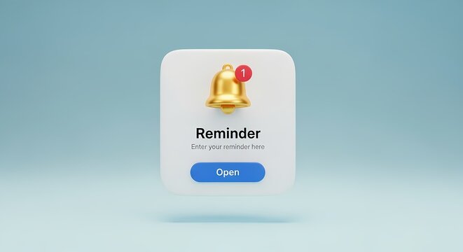 Reminder notification with a golden bell and a red notification on a white app interface