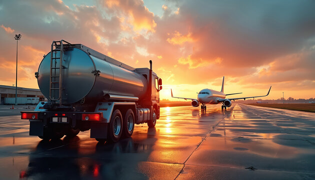 Fuel truck waits for airplane on tarmac at sunset. Vehicle provides jet fuel, supports aviation logistics. Airport ground service prepares aircraft for flight.