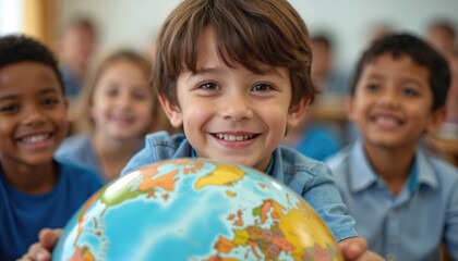 Smiling diverse elementary school children learn global studies. Young boy holds earth globe in classroom. Kids enjoy lesson about world geography, cultures, social awareness. Students engage in