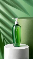Green pump bottle of liquid on a white pedestal with tropical leaf shadows