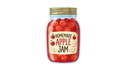 Sweet homemade apple jam preserves in a glass jar with golden lid and a rustic label for breakfast spread vector illustration on white.