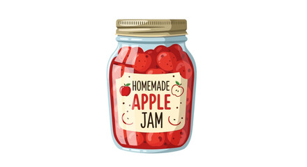 Homemade apple jam jar cartoon illustration. sweet fruit preserve in glass container with label design on white.