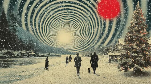 People walk through a snowy winter landscape toward a glowing light, creating a surreal Christmas scene with a swirling sky.