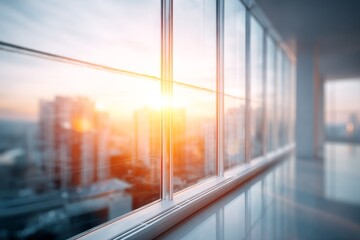 Abstract background of a bright, modern office filled with daylight and reflections.