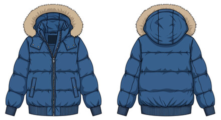 Blue puffer jacket with fur hood, front and back views, insulated winter clothing vector illustration design. © GDMala02