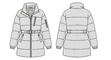 Women's long belted puffer jacket fashion flat technical drawing with front and back views for cad design. © GDMala02