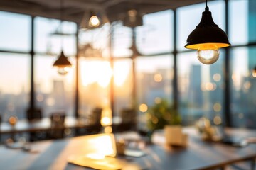 Spacious open-plan office design with panoramic windows and a clean atmosphere.