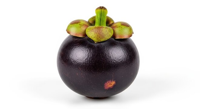 A single ripe purple mangosteen fruit with a green calyx, isolated on a clean white background.