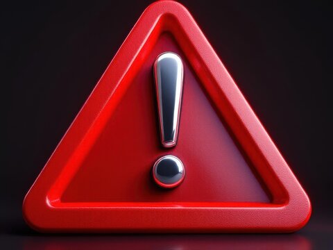 Shiny red triangular warning sign with chrome exclamation mark