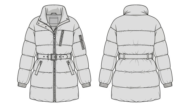 Women's long belted puffer jacket fashion flat technical drawing with front and back views for cad design.