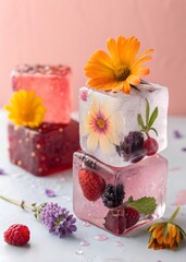 Artistic ice cubes with fresh fruit and flowers for refreshing drinks