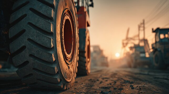 Close-up of a large construction vehicle tire on a dusty road during sunset. Heavy machinery and equipment are visible in the background.