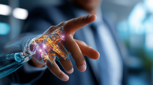 Faceless businessman's hand touching digital x ray human body scan hologram defocused office background 3D rendering interface medical technology visualization health