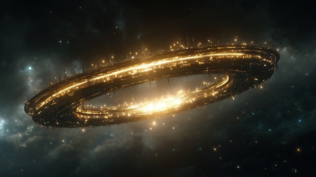A futuristic space station in a dark galaxy. The station is a large, glowing ring with intricate details and bright lights, surrounded by stars and cosmic dust.