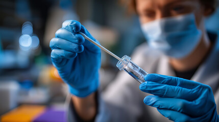 Faceless doctor's hands holding swab test tube for virus analyzing defocused medical background blue gloves and protective mask 2019 nCoV test virus virus protection