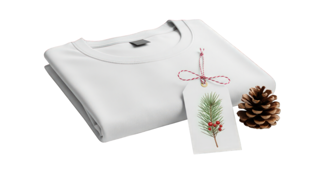 Folded Blank White T-shirt with Christmas Gift Tag Isolated on Transparent Background
