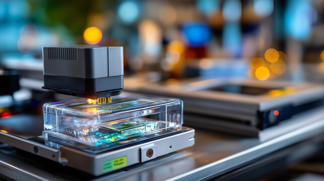 Lab on chip (LOC) technology faceless microfluidic device defocused laboratory background miniaturized laboratory concept point of care diagnostics innovative testing