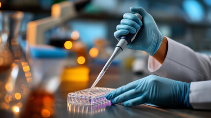 Faceless scientist using micro pipette in fume hood defocused laboratory background sample preparation for bioassay in vitro cells on microplate 96 well laboratory work with