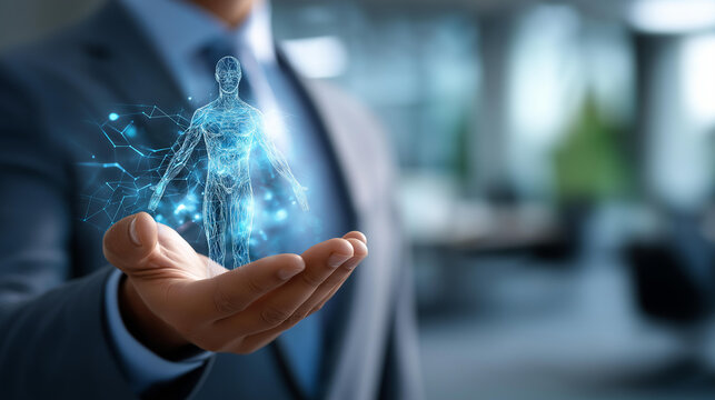 Faceless businessman holding human hologram in hand defocused office background futuristic medical visualization health technology concept digital body scan representation inn