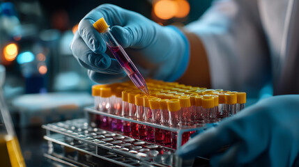 Faceless scientist working with samples panel microplate defocused laboratory background registering diagnostic data ELISA analysis documentation researcher sample analysis